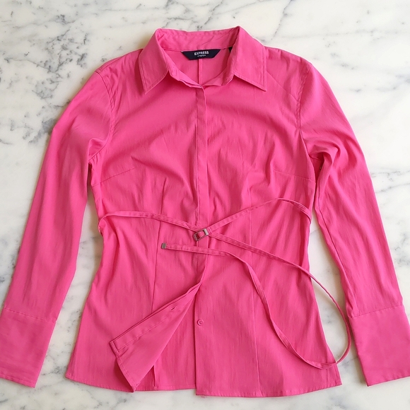 Vintage Express Stretch Hot Pink Long Sleeve Hidden Button Shirt with belt. - Picture 3 of 4